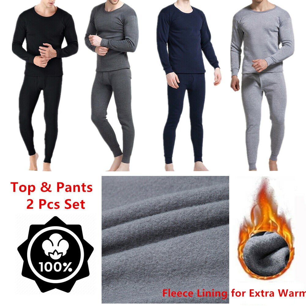 Men Winter Fleece Lined 100% Cotton Thermal Long Johns Top Bottom Underwear Set